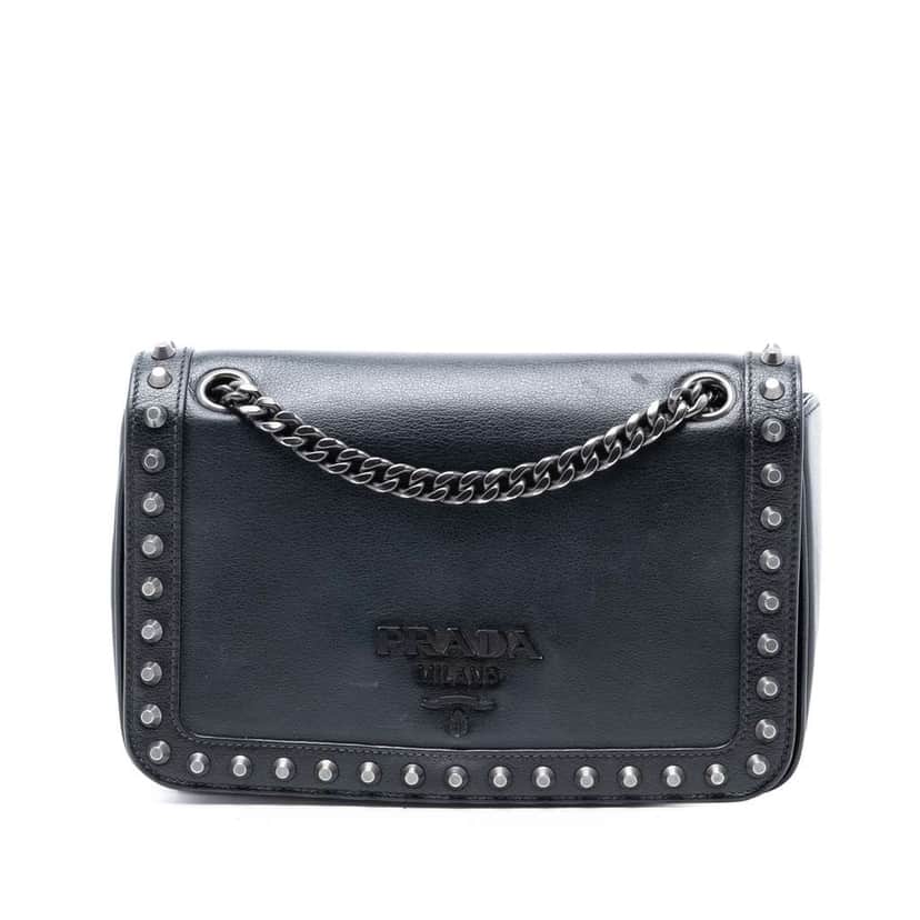 Prada Glace Calfskin Studded Crossbody Black Leather Very good condition - Front View