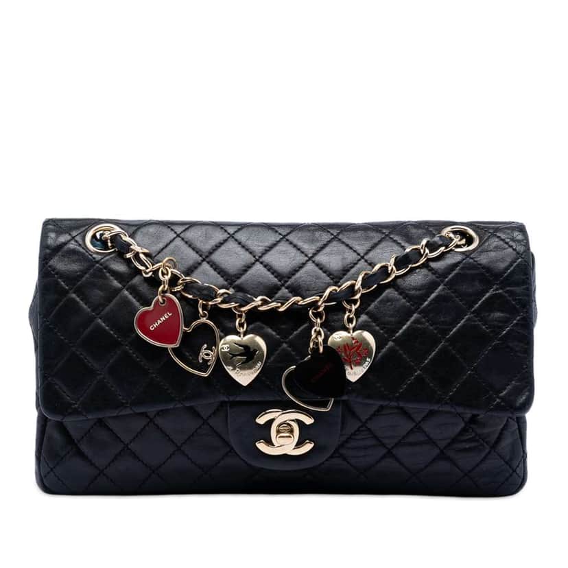 Chanel Medium Classic Lambskin Valentines Heart Charms Single Flap Black Leather Very good condition - Front View