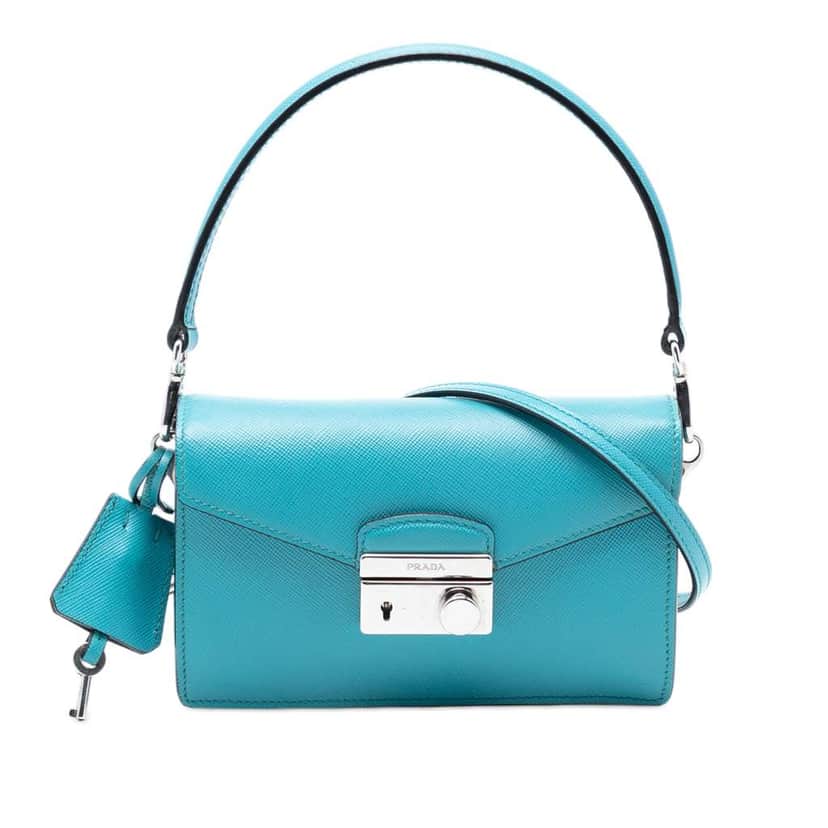 Prada Saffiano Lux Sound Lock Satchel Blue Leather Very good condition - Front View