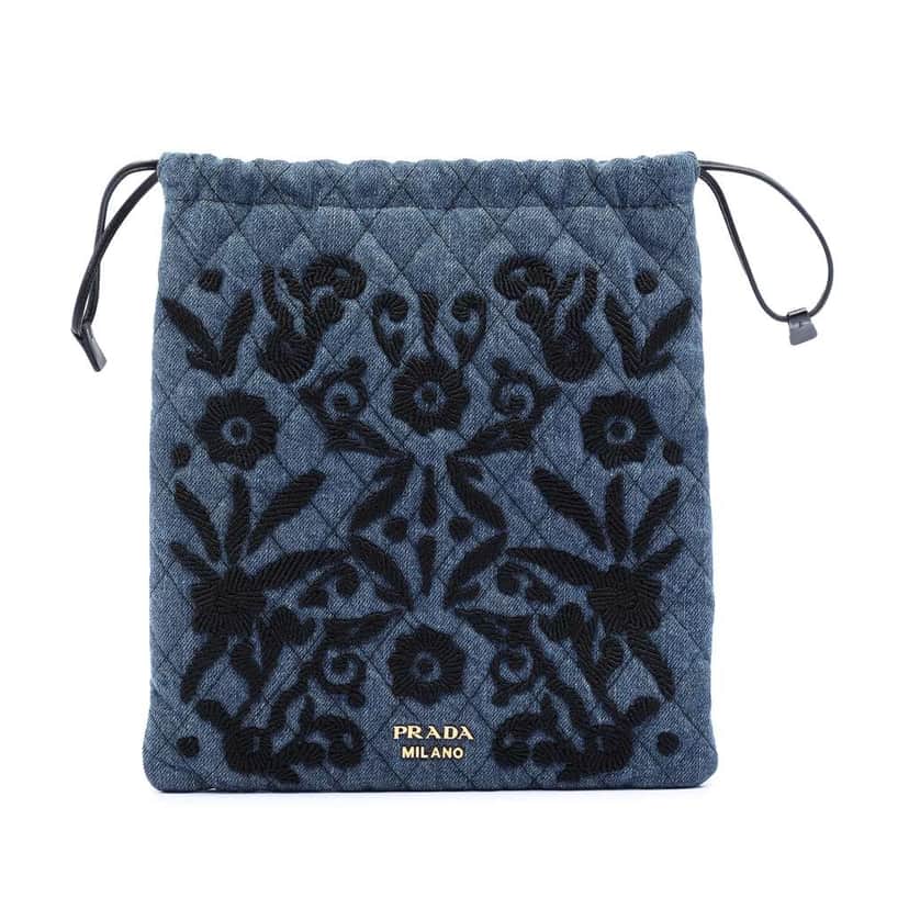 Prada Impuntu  Denim Embroidered Drawstring Pouch Blue Denim Good condition - Front View