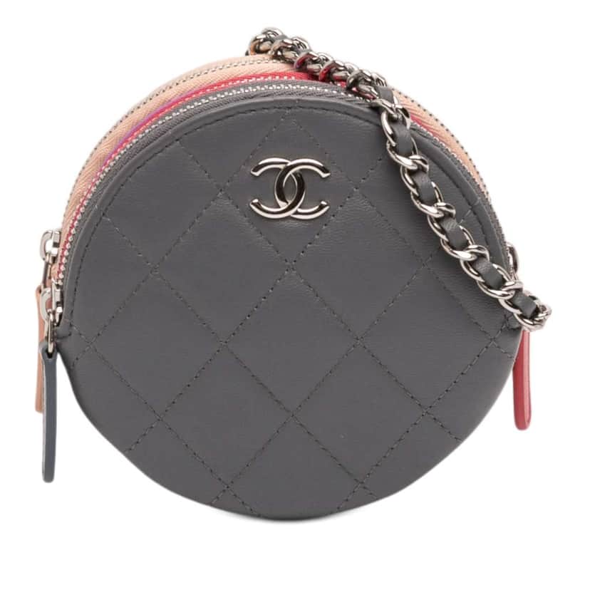 Chanel CC Quilted Lambskin Triple Zip Round Clutch With Chain Grey Leather Very good condition - Front View