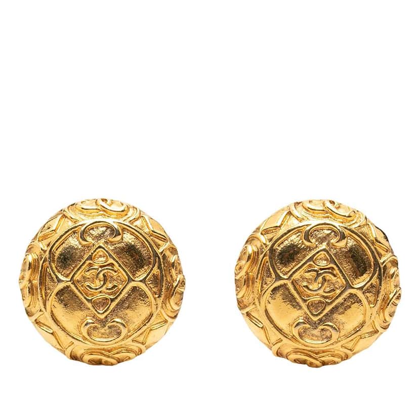 Chanel CC Gold Plated Round Clip On Earrings Gold Metal Very good condition - Front View