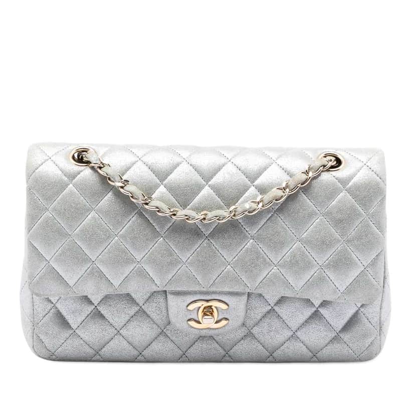 Chanel Medium Classic Metallic Lambskin Double Flap Silver Leather Very good condition - Front View