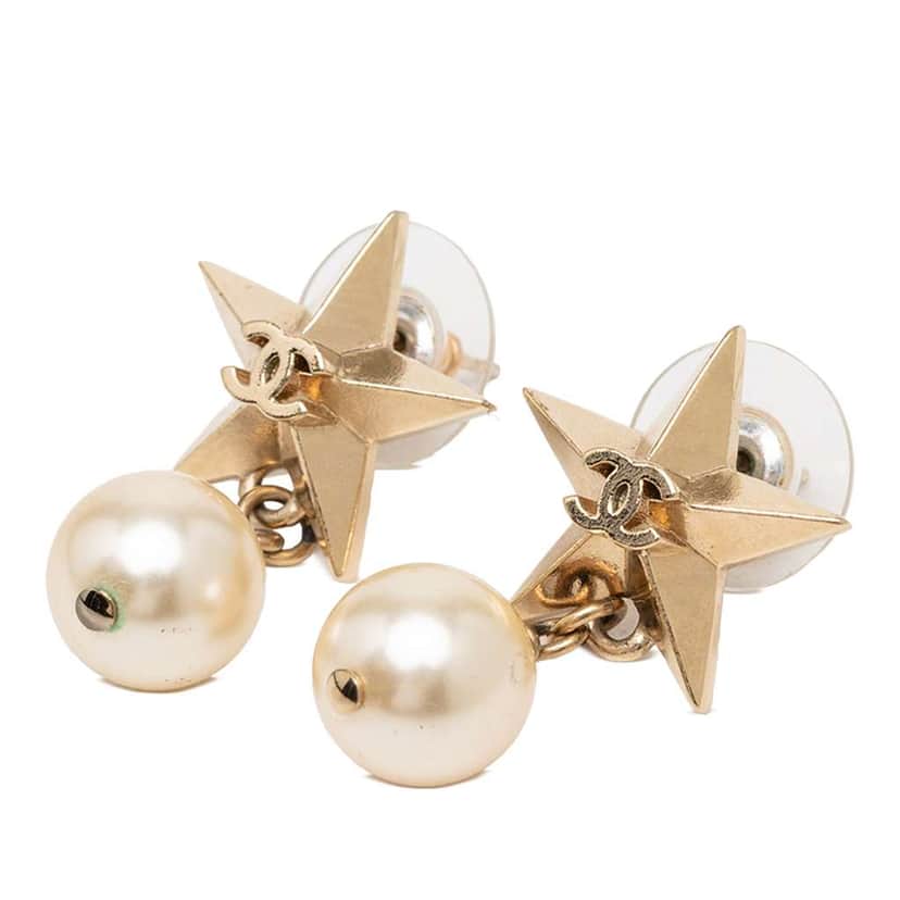 Chanel CC Gold Plated Faux Pearl Star Drop Push Back Earrings Gold Metal Very good condition - Front View