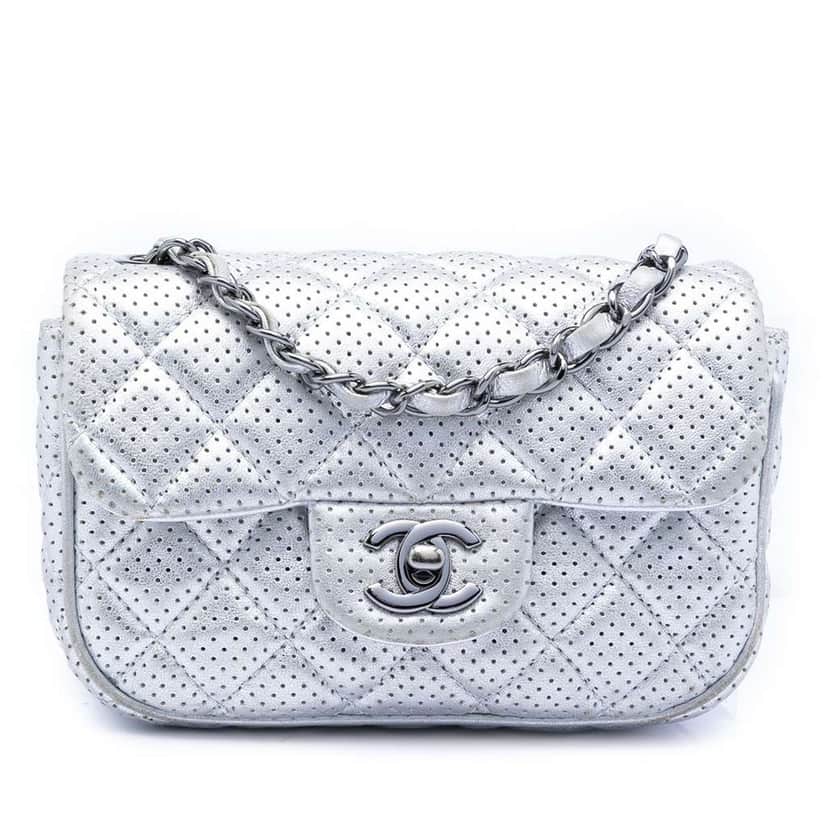 Chanel Mini Perforated Lambskin Punch Flap Silver Leather Good condition - Front View