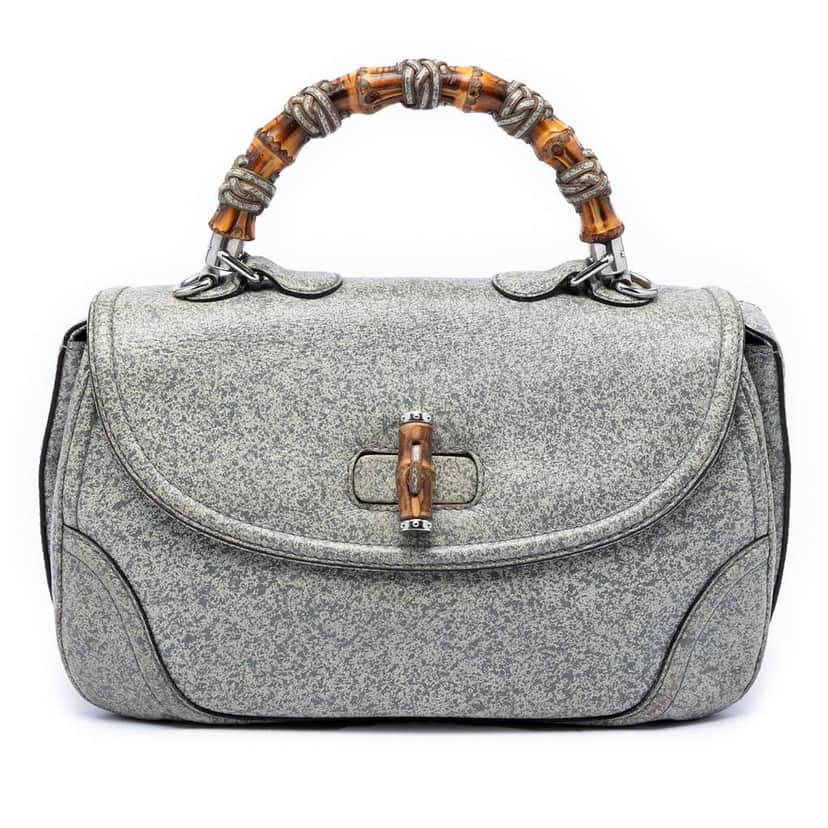 Gucci Large Speckled Leather New Bamboo Top Handle Bag Grey Leather Very good condition - Front View