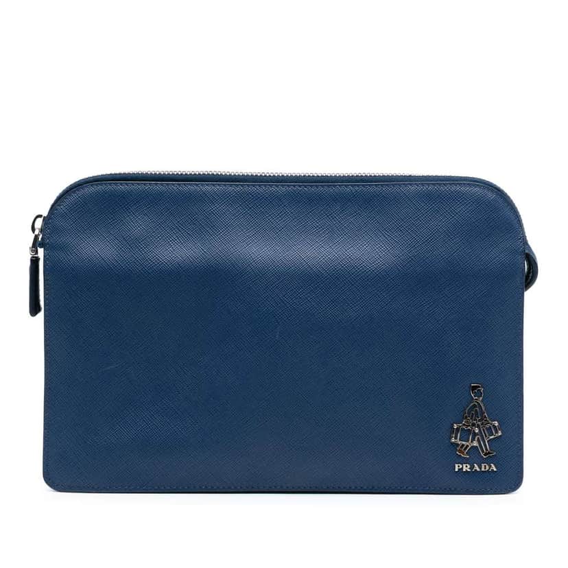 Prada Saffiano Bellboy Clutch Blue Leather Very good condition - Front View