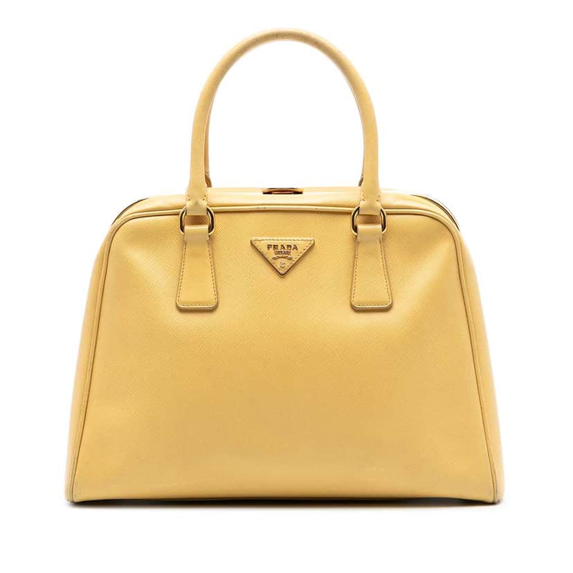 Prada Saffiano Lux Pyramid Frame Satchel Yellow Leather Good condition - Front View