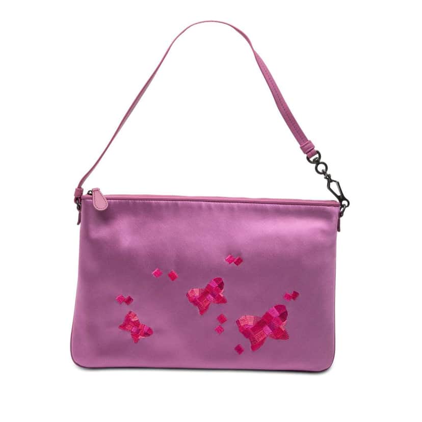 Bottega Veneta Satin Embroidered Butterflies Shoulder Bag Purple Satin Very good condition - Front View