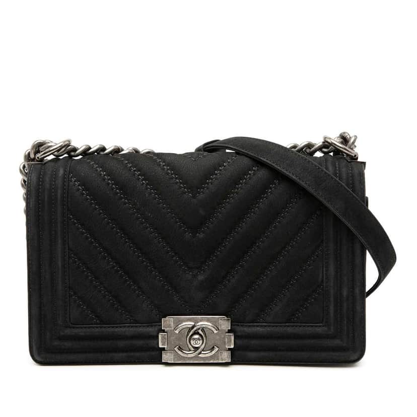 Chanel Old Medium Chevron Suede Boy Flap Black Leather Very good condition - Front View