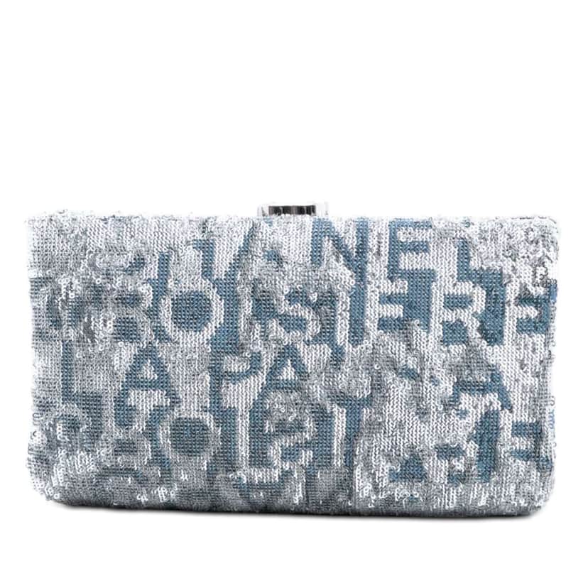 Chanel Satin Sequin Embroidered La Pausa Evening Clutch Silver Satin Very good condition - Front View