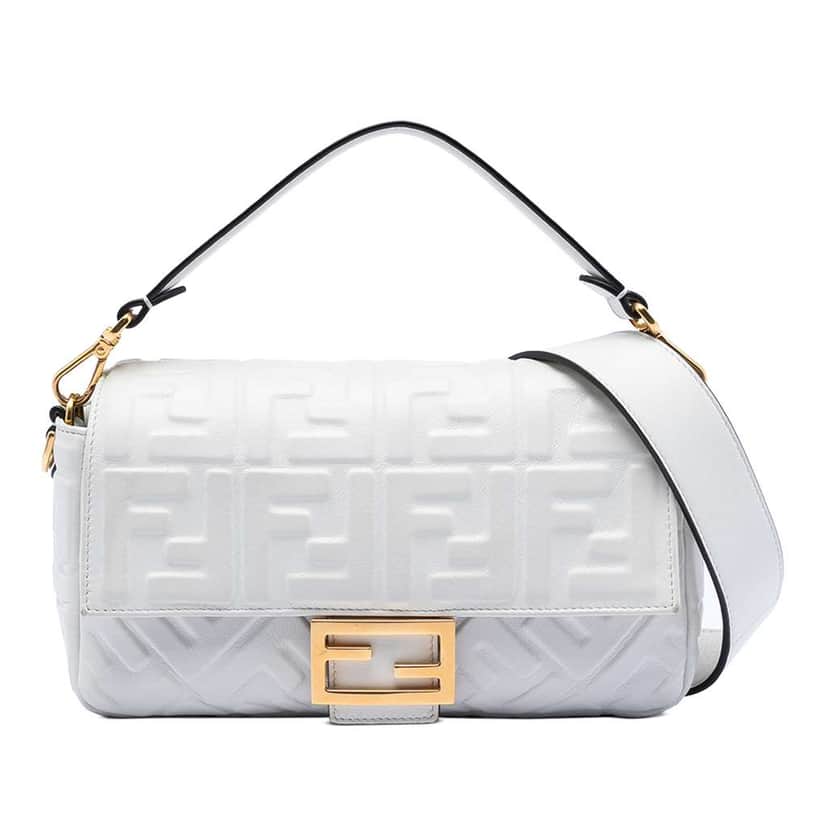 Fendi Zucca Embossed Leather Baguette Satchel White Leather Very good condition - Front View