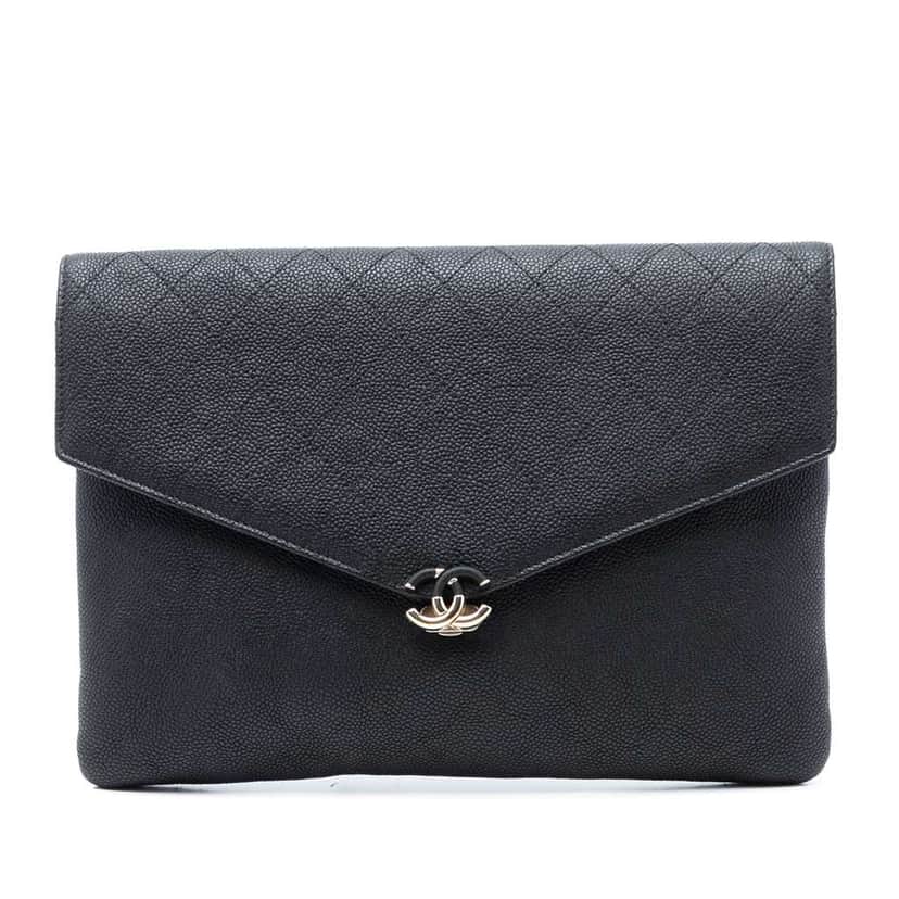 Chanel Paris Cuba Quilted Caviar Thread Around Envelope Clutch Black Leather Very good condition - Front View