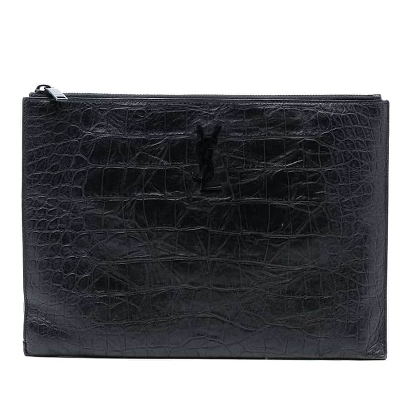 Saint Laurent Croc Embossed Leather Monogram Document Holder Black Leather Very good condition - Front View