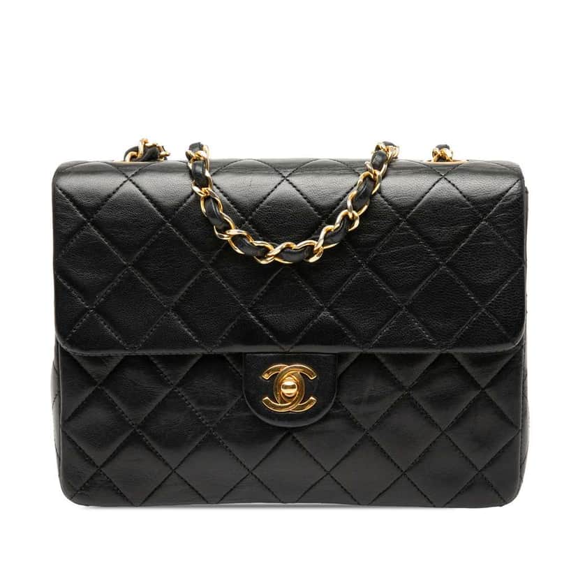 Chanel Small Square Quilted Lambskin Flap Black Leather Very good condition - Front View