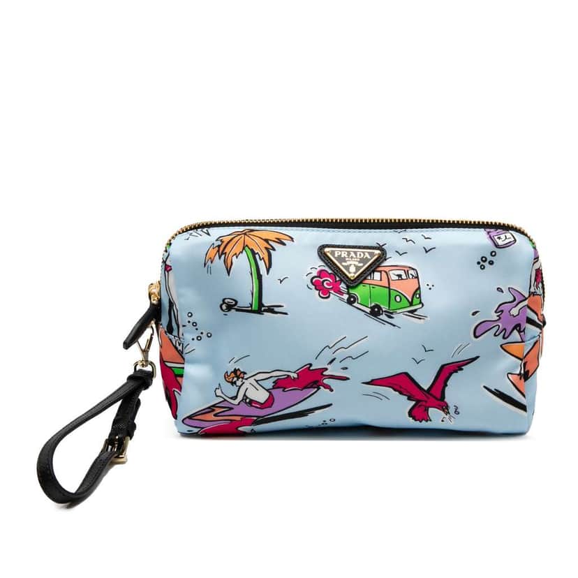 Prada Tessuto Stampato Surf Cosmetic Pouch Blue Very good condition - Front View