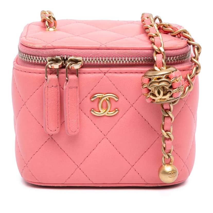 Chanel Mini Quilted Lambskin Pearl Crush Vanity Case With Chain Pink Leather Very good condition - Front View