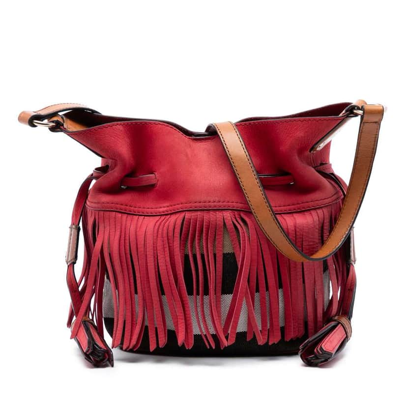 Burberry Small Mega Check Canvas and Suede Fringe Belgrove Bucket Bag Red Leather Very good condition - Front View