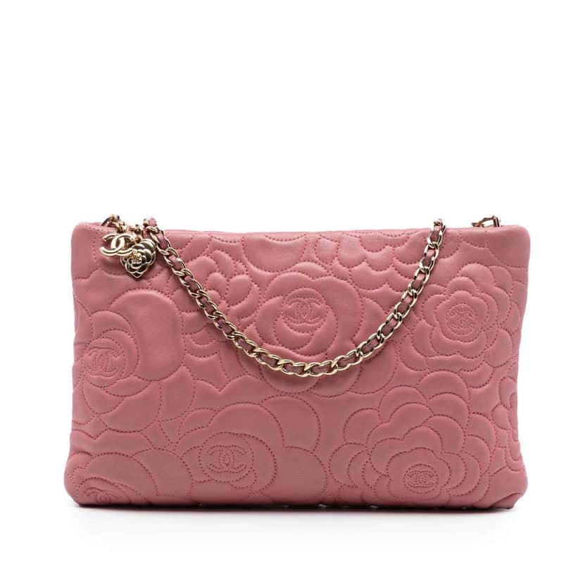 Chanel Embossed Lambskin Camellia Chain Pochette Pink Leather Very good condition - Front View