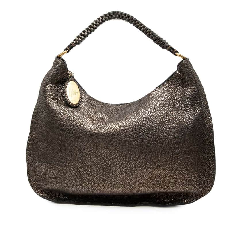 Fendi Metallic Pebbled Leather Selleria Shoulder Bag Brown Leather Very good condition - Front View