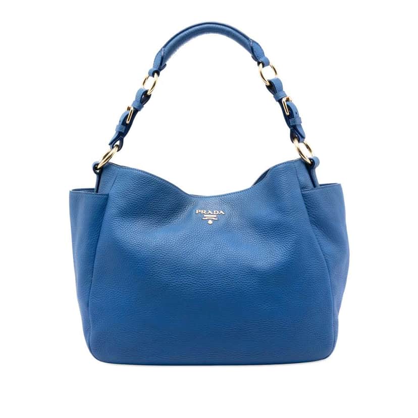 Prada Vitello Daino Side Pocket Shoulder Bag Blue Leather Good condition - Front View