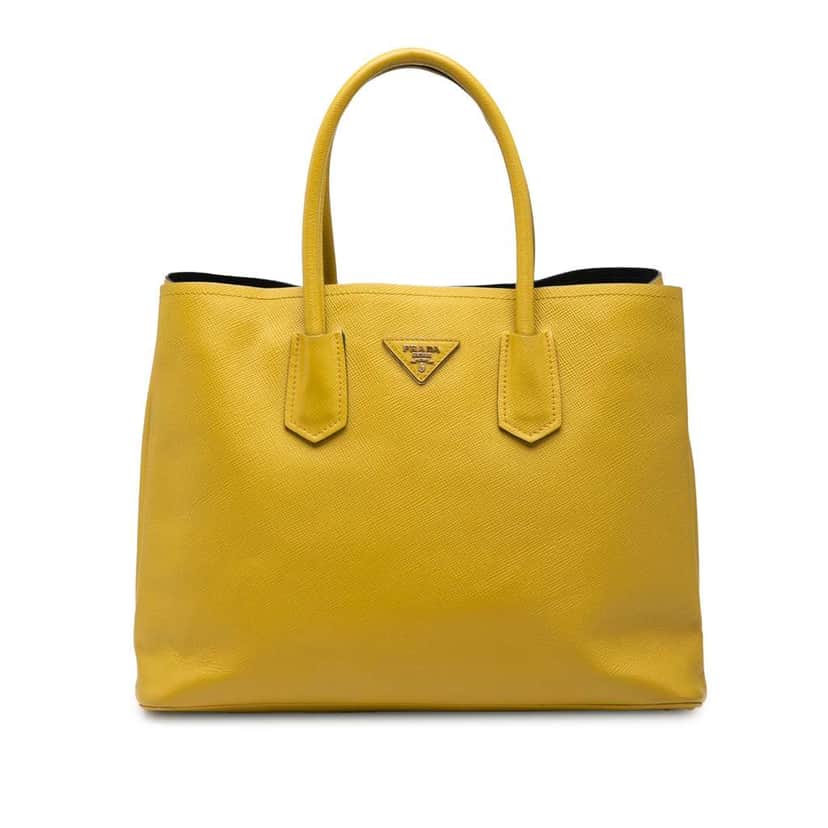 Prada Medium Saffiano Cuir Double Satchel Yellow Leather Very good condition - Front View
