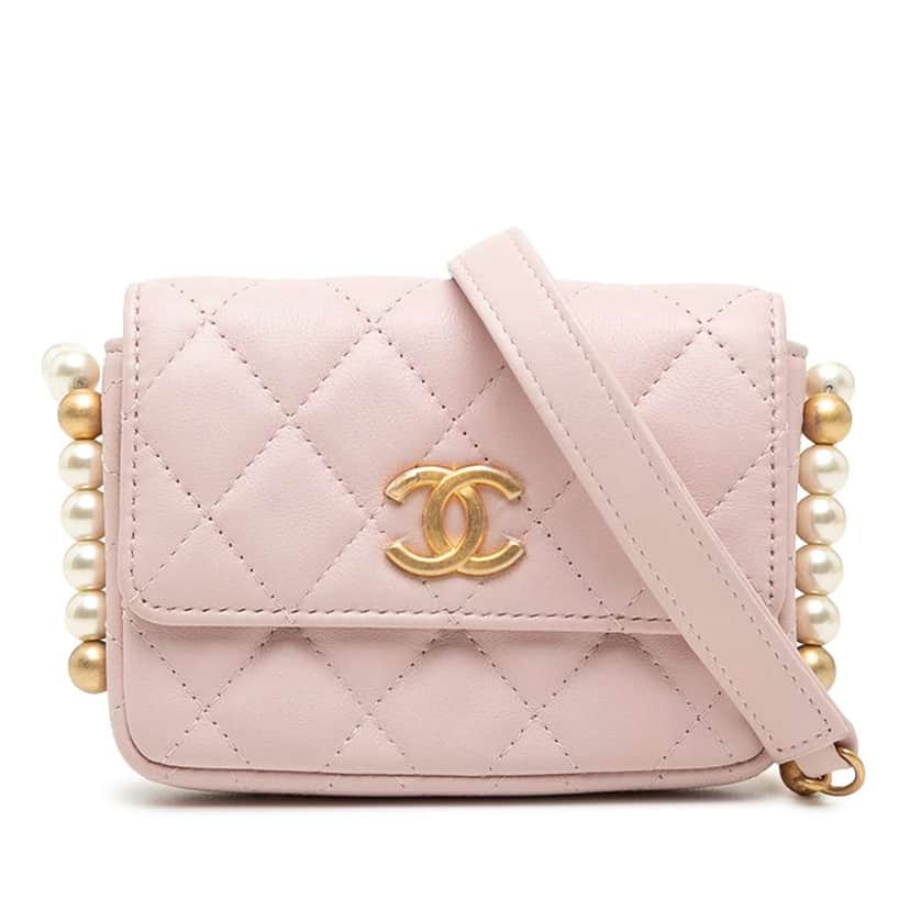 Chanel Quilted Lambskin About Pearls Card Holder On Chain Pink Leather Very good condition - Front View