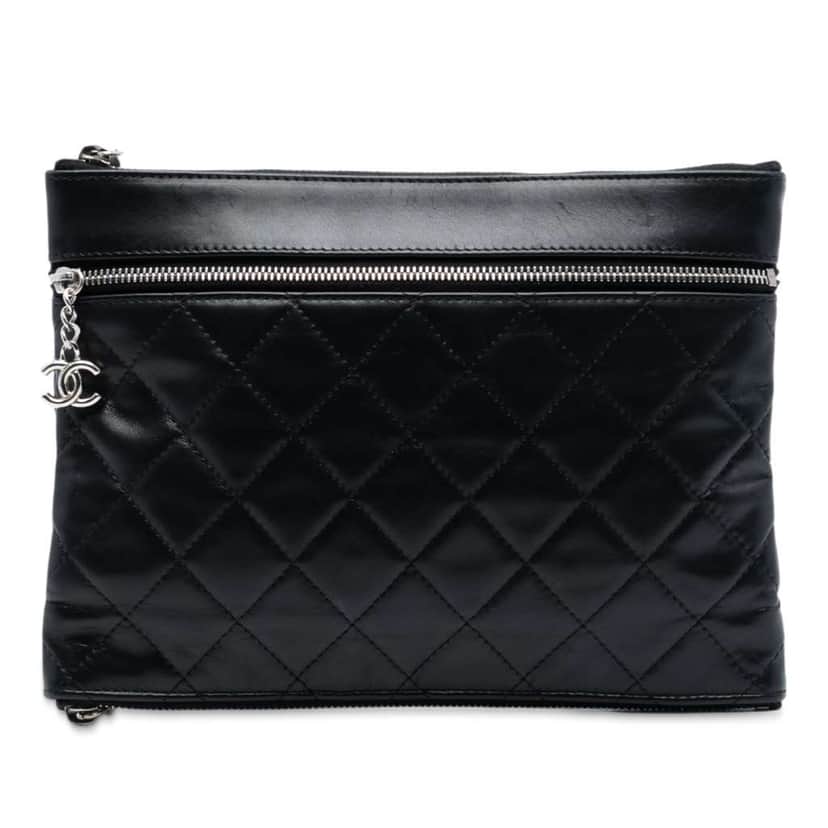 Chanel CC Quilted Lambskin Multi Zip Clutch Black Leather Very good condition - Front View