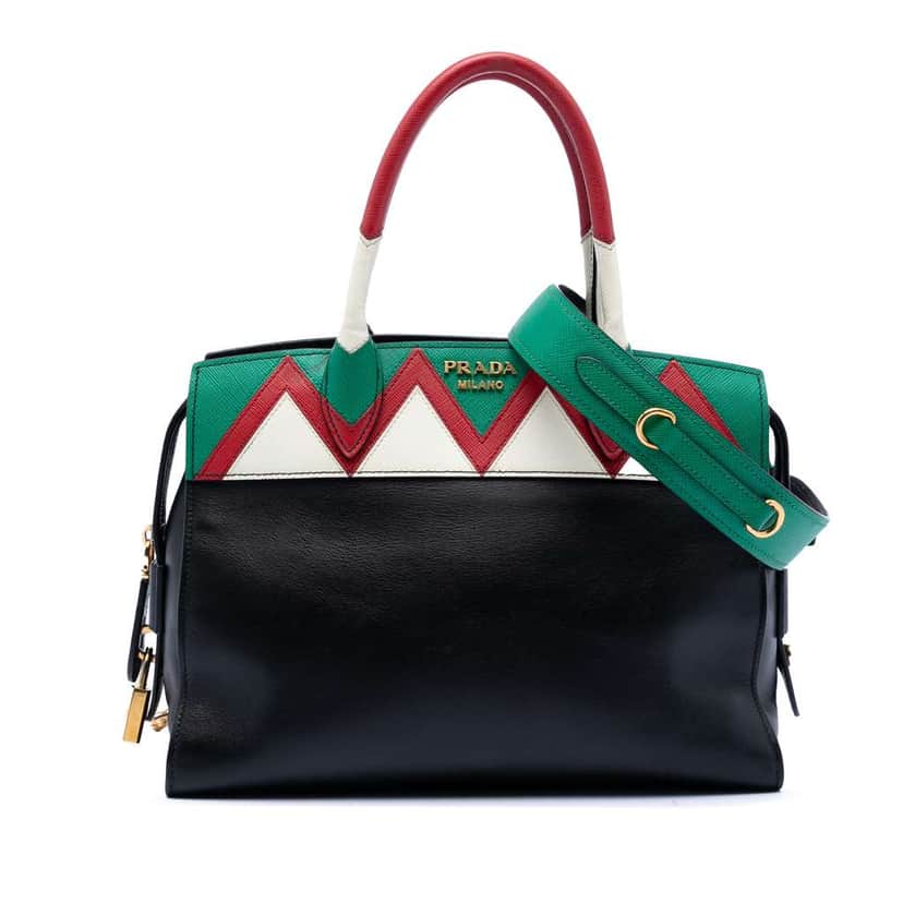 Prada Medium Saffiano Trimmed City Calf Greca Esplanade Satchel Black Leather Very good condition - Front View