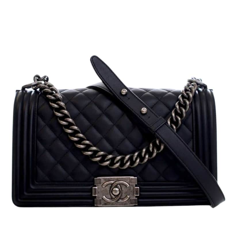 Chanel Old Medium Quilted Lambskin Boy Flap Black Leather Good condition - Front View