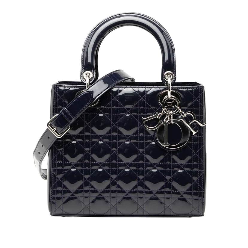 Dior Medium Patent Cannage Lady Dior Blue Leather Very good condition - Front View