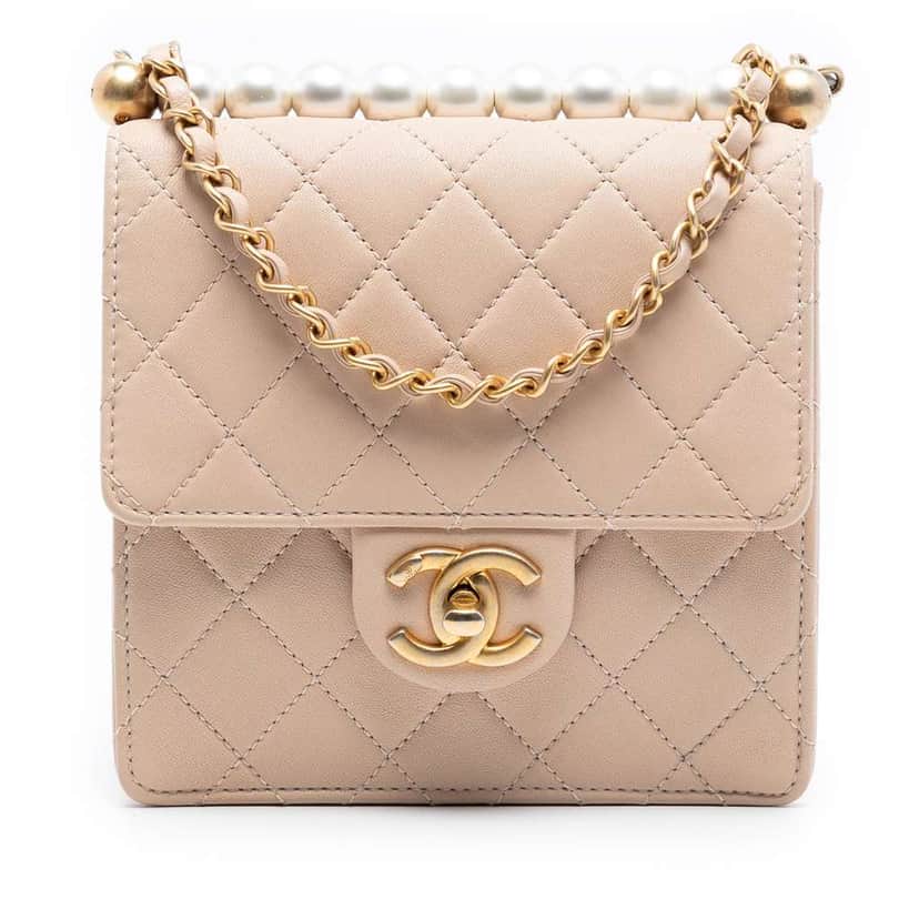 Chanel Small Quilted Lambskin Chic Pearls Flap Brown Leather Very good condition - Front View