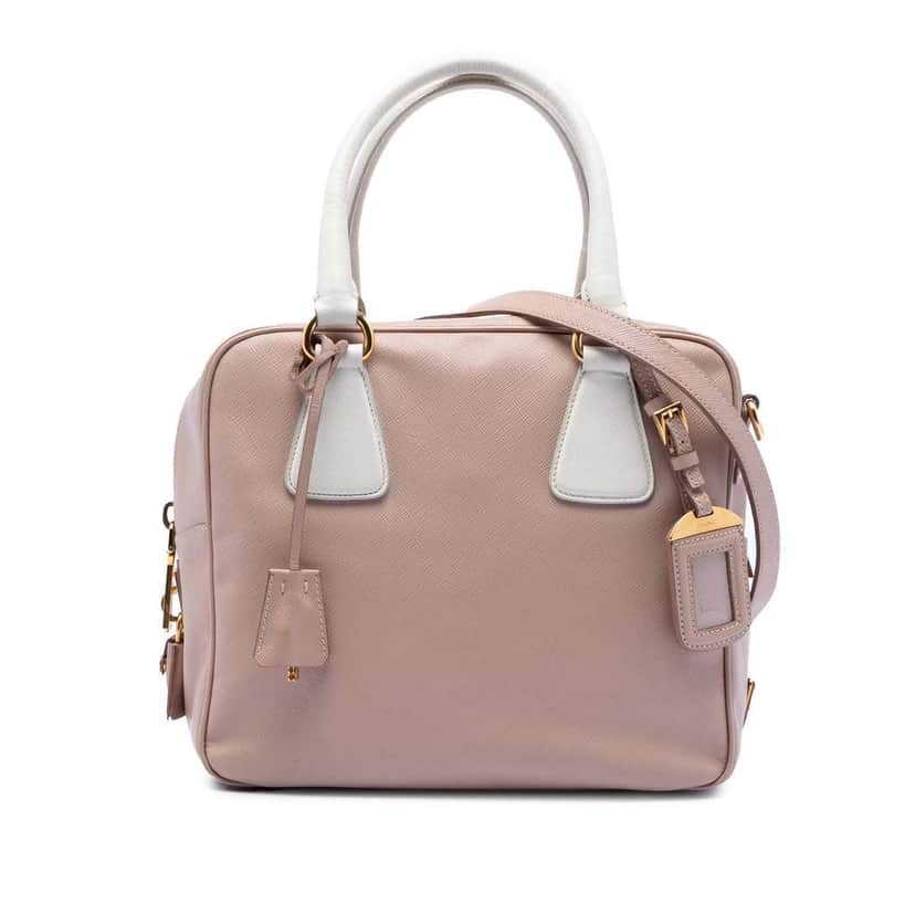 Prada Small Bicolor Saffiano Square Bauletto Satchel Pink Leather Very good condition - Front View
