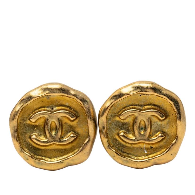 Chanel CC Gold Plated Round Button Clip On Earrings Gold Metal Very good condition - Front View
