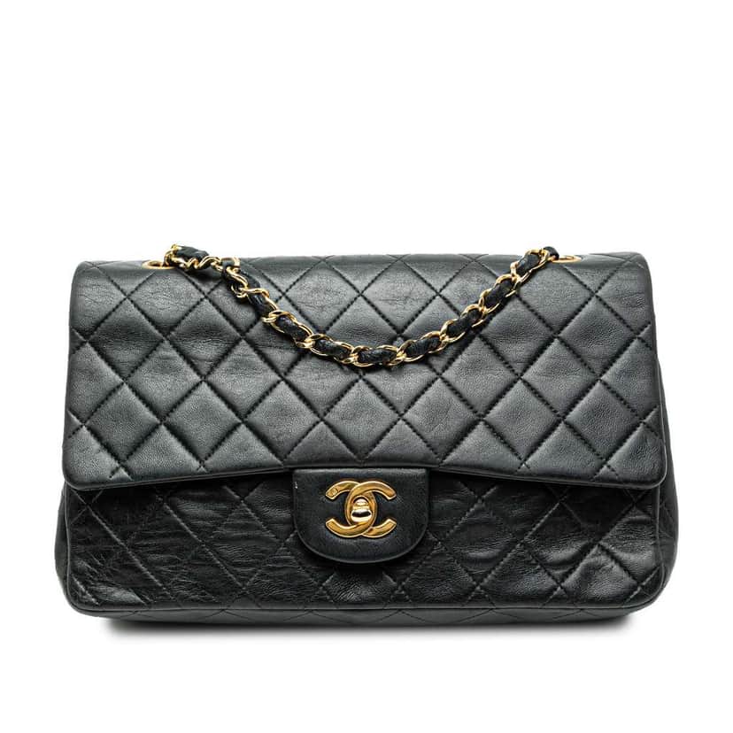 Chanel Medium Classic Lambskin Double Flap Black Leather Very good condition - Front View