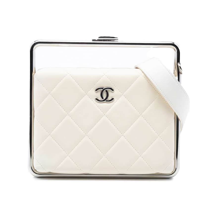 Chanel Quilted Lambskin Metal Bar Convertible Clutch White Leather Very good condition - Front View