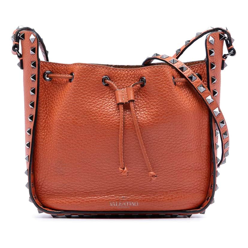 Valentino Grained Calfskin Rockstud Bucket Bag Brown Leather Very good condition - Front View