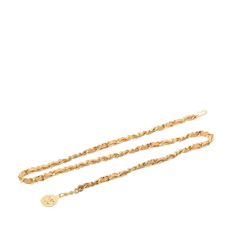 Chanel Gold Plated Leather Woven Medallion Chain Belt Gold Metal Very good condition - Front View