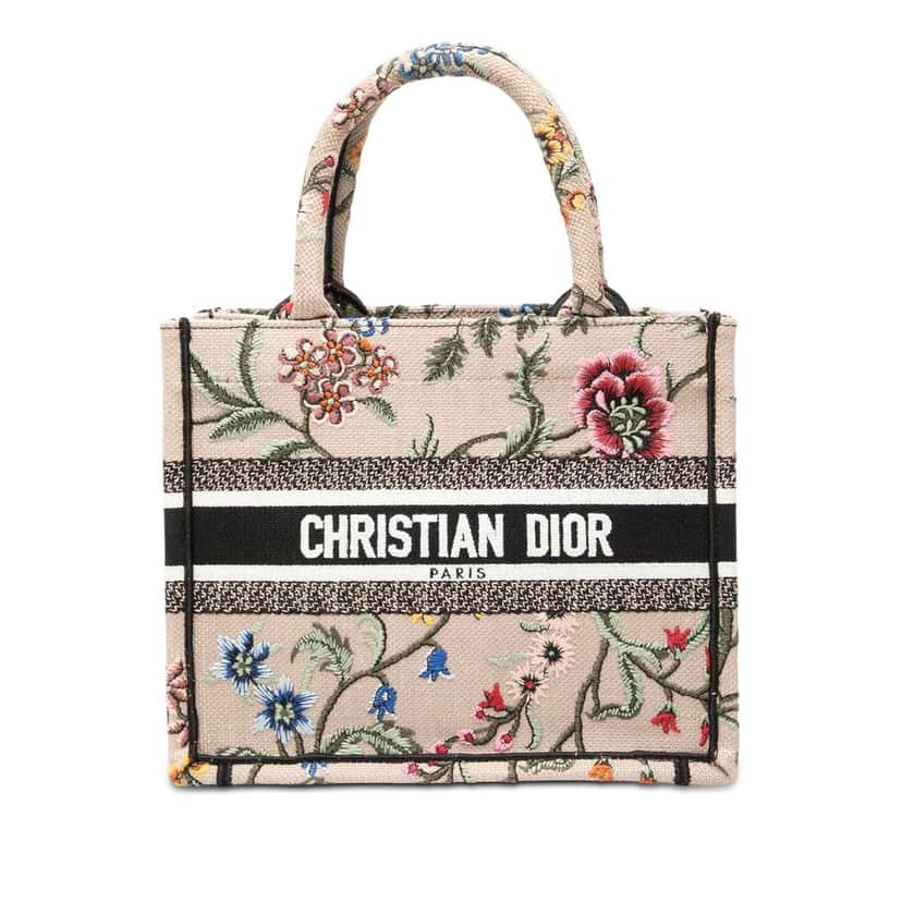 Dior Small Embroidered Canvas Petites Fleurs Book Tote Brown Canvas Good condition - Front View