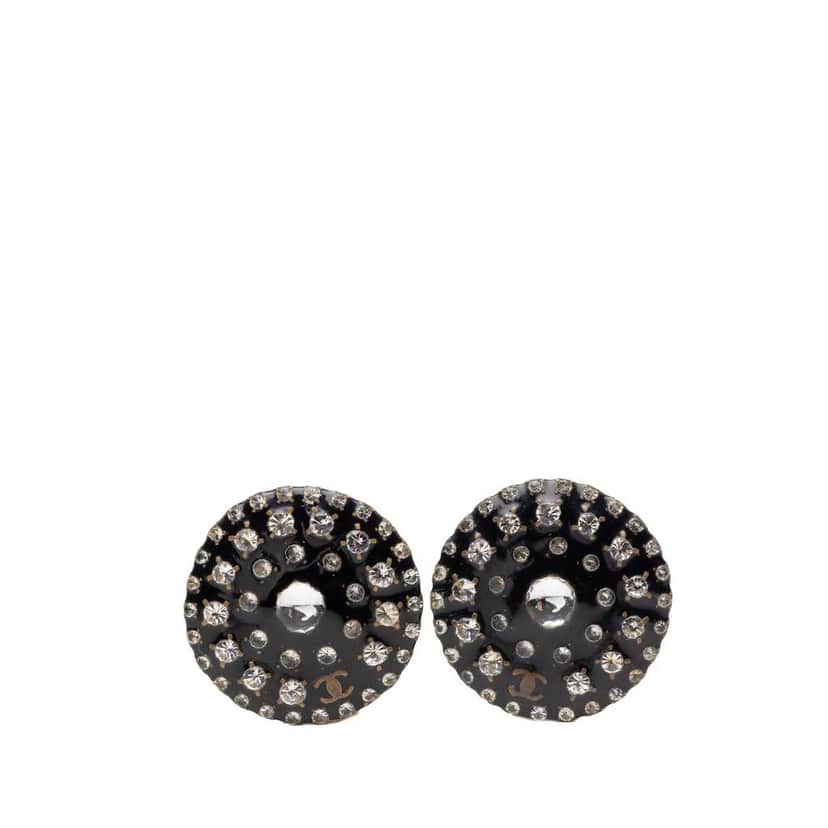 Chanel CC Resin and Crystal Round Clip On Earrings Black Very good condition - Front View