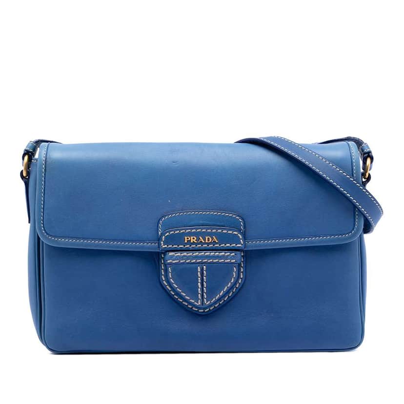 Prada City Calf Push Lock Flap Crossbody Blue Leather Very good condition - Front View