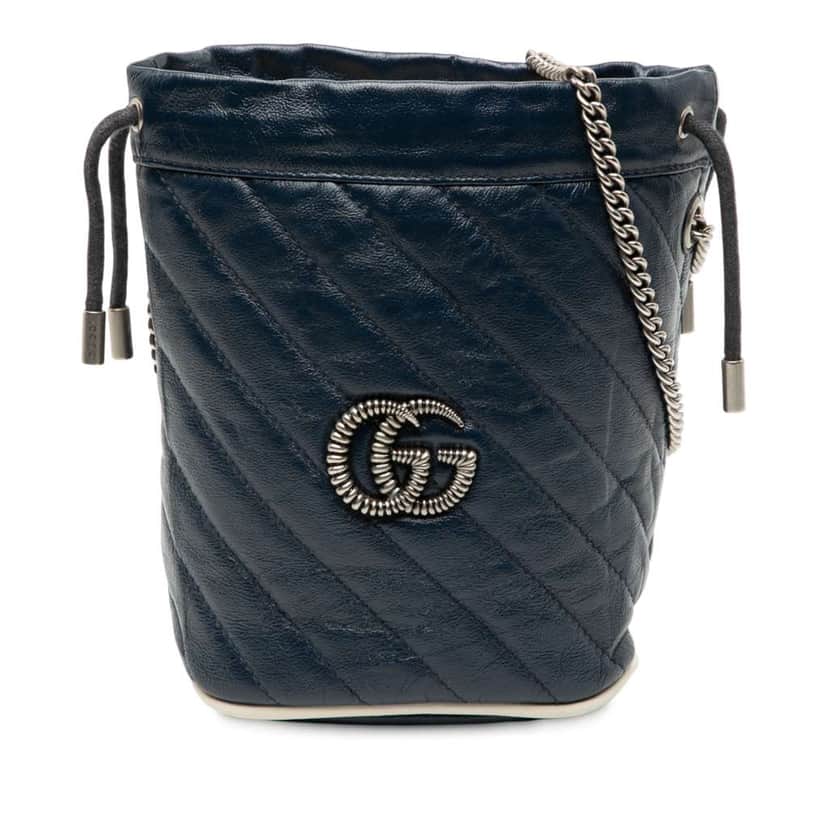Gucci Mini GG Marmont Matelasse Diagonal Leather Torchon Bucket Bag Blue Leather Very good condition - Front View