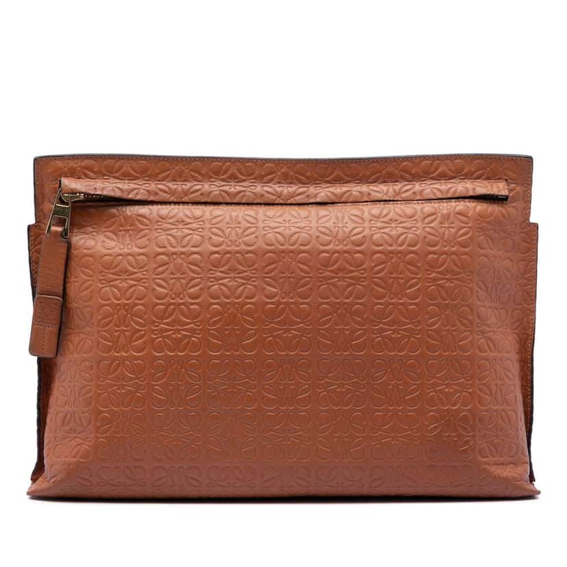 Loewe Embossed Anagram Leather Repeat T Clutch Brown Leather Very good condition - Front View