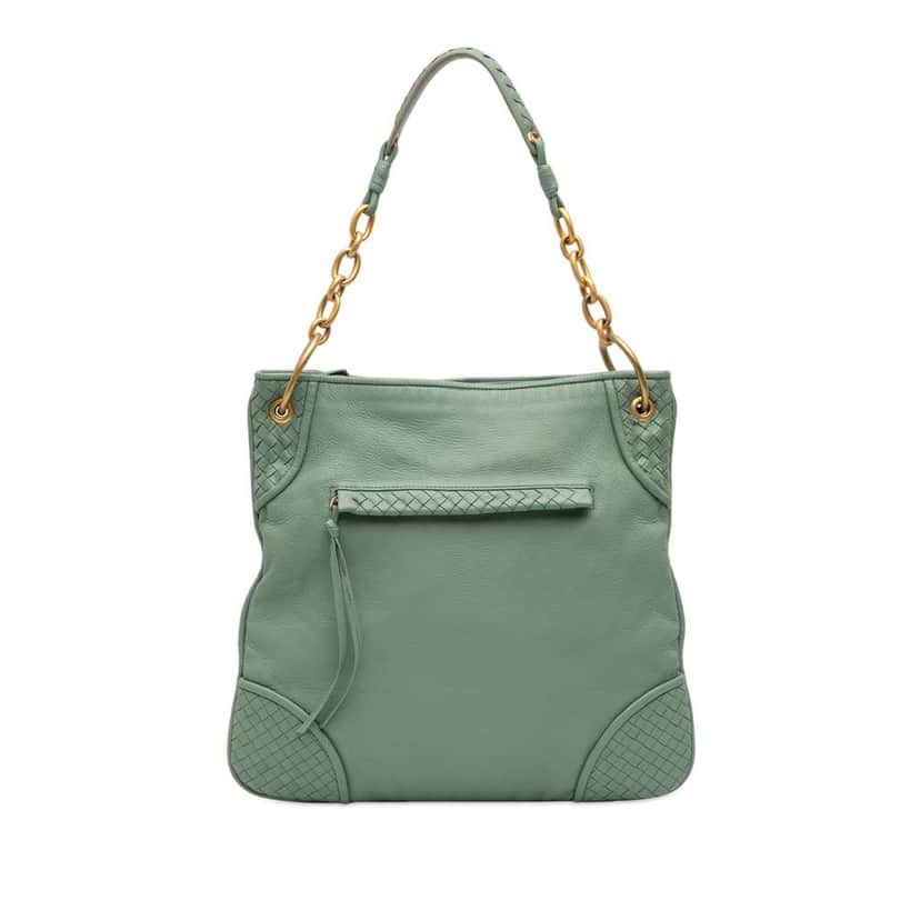 Bottega Veneta Intrecciato Trimmed Leather Shoulder Bag Green Leather Very good condition - Front View
