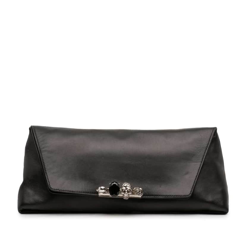 Alexander Mcqueen Large Calfskin Skull Knuckle Duster Fold Over Clutch Black Leather Good condition - Front View