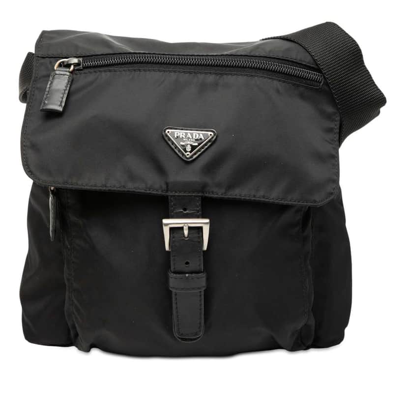 Prada Tessuto Zip Buckle Messenger Bag Black Good condition - Front View
