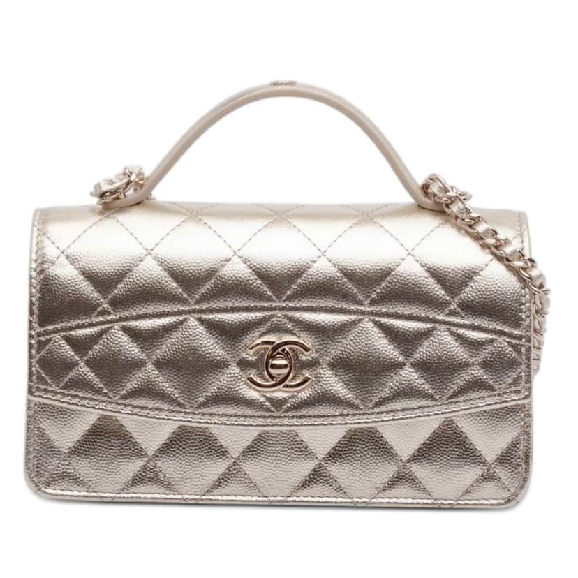 Chanel CC Quilted Metallic Caviar Top Handle Wallet on Chain Gold Leather Good condition - Front View