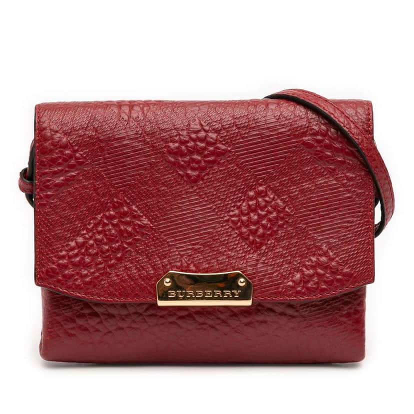Burberry Embossed Grain Check Leather Langley Crossbody Red Leather Good condition - Front View