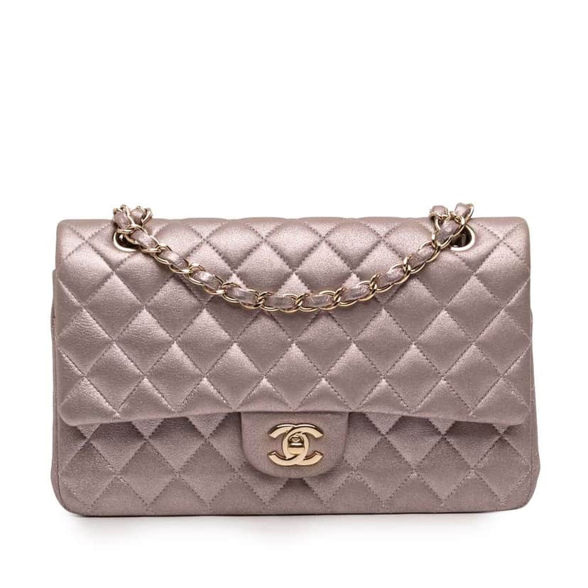 Chanel Medium Classic Iridescent Lambskin Double Flap Pink Leather Good condition - Front View
