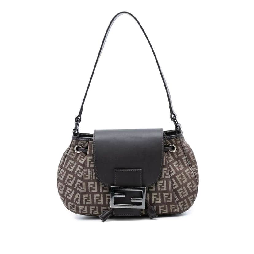 Fendi Zucchino Canvas Drawstring Shoulder Bag Brown Canvas Good condition - Front View